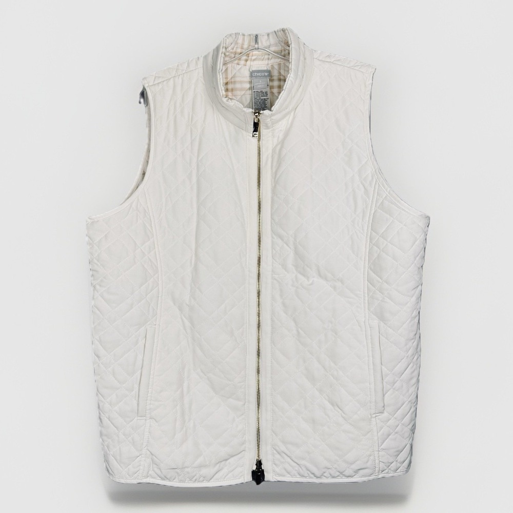 NWOT Chico's Quilted White Beige Reversible Plaid Zip Vest Womens XL/3 Pockets - Picture 2 of 10
